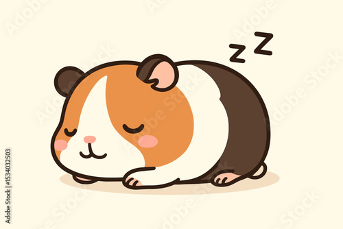 Cute guinea pig sleeping. Adorable cartoon cavy pet character napping peacefully. Kawaii rodent animal vector illustration. Sleepy domestic mascot dreaming with Zzz symbol.