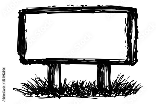 Hand-drawn blank signboard on wooden posts in grassy field  