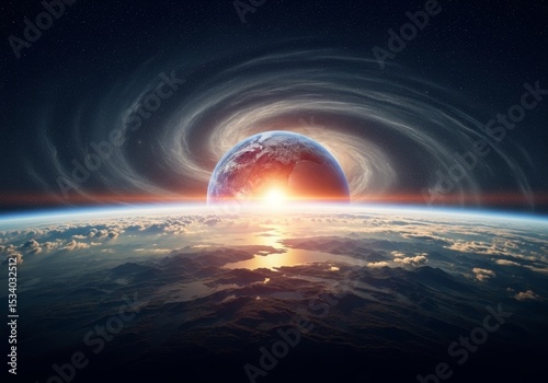Cosmic Sunrise Over Distant Planet - A breathtaking view of a sunrise over a distant planet, symbolizing new beginnings, cosmic wonder, vastness of space, celestial energy, and the power of nature