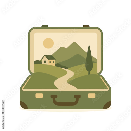 Vintage suitcase with scenic landscape illustration inside  