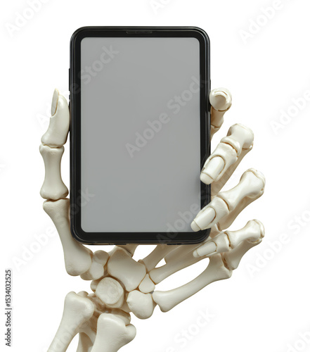 Skeleton Hand Holding Phone, Transparent Cutout, Tech Design