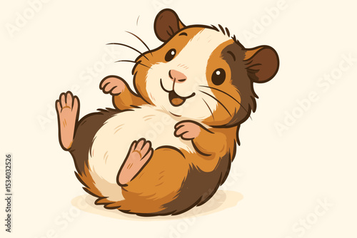 Cute cartoon guinea pig lying on its back. Playful happy cavy pet character illustration. Adorable smiling domestic rodent animal mascot for vet or pet shop design.