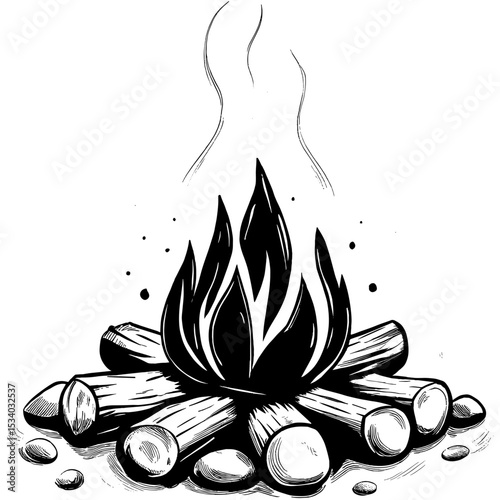 Campfire with logs and stones creating warm atmosphere in nature  