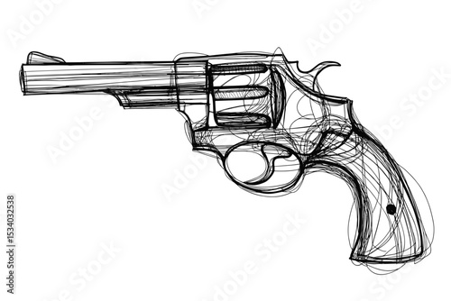Outline drawing of a revolver with a wooden grip on white background  