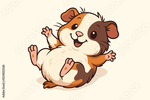 Cute cartoon guinea pig illustration. Playful happy cavy character lying on its back and waving. Funny domestic pet rodent mascot for kids. Adorable animal vector graphic.