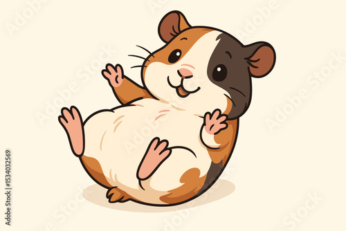Cute guinea pig character lying on back. Happy cartoon cavy playing. Adorable pet animal mascot. Funny chubby rodent smiling. Cheerful kawaii veterinary illustration. Pet shop icon.