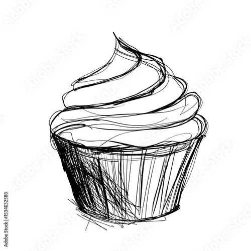 Sketch of a cupcake with swirled frosting and textured wrapper  