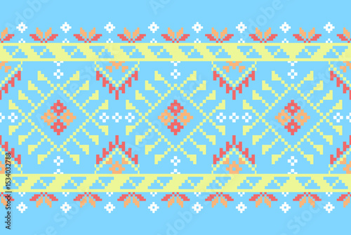 Cross stitch pattern concept showcasing traditional ethnic geometric pattern, Design for textile, background,carpet,wallpaper,clothing,wrapping,Batik,fabric,Vector illustration	
