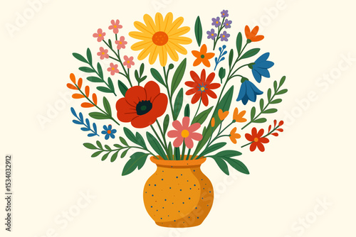 Folk art vector illustration of a wildflower bouquet in a rustic vase. Colorful spring flowers and summer blooms with hand drawn texture. Naive style floral arrangement design element.