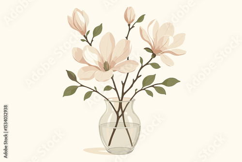 Elegant still life illustration of delicate magnolia flowers. Beautiful spring floral bouquet with white blossoms and green leaves in a clear glass vase. Botanical vector art.