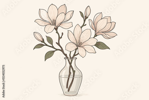 Elegant magnolia flowers in a glass vase. Botanical illustration of a spring bouquet. Delicate hand-drawn line art of blossoms on a branch. Still life drawing with soft colors.