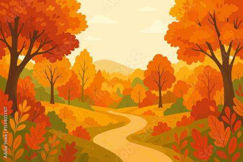 Autumn forest landscape with a winding path. Vector illustration of a scenic fall park with orange trees and yellow foliage. Peaceful seasonal nature background for design.