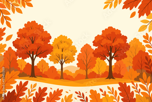 Autumn forest landscape with colorful orange and yellow trees. Fall season background with copy space. Vector illustration of a park in October with leaves frame. Nature banner.
