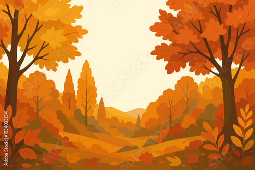Autumn forest landscape vector background illustration. Fall season scenery with orange and yellow trees, foliage, and hills. Peaceful nature concept for seasonal banner with copy space.