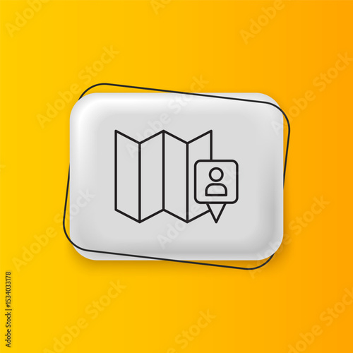 Black Folded map with location marker icon isolated on yellow background. Silver rectangle button. Vector
