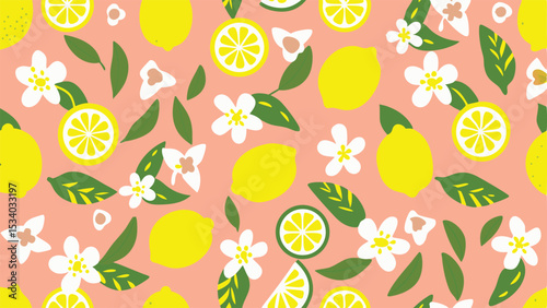A vibrant pattern featuring whole and sliced lemons, leaves, and delicate white flowers on a pink background