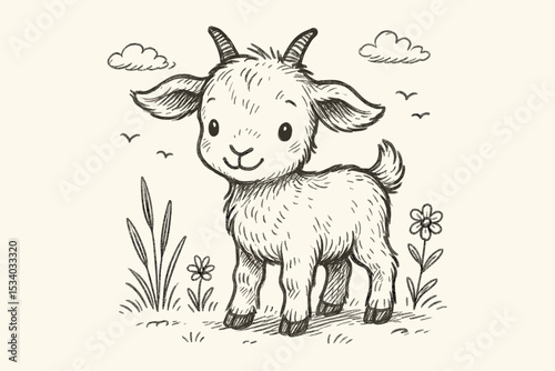 Cute baby goat sketch. Hand drawn cartoon farm animal illustration. Adorable smiling kid standing on a grassy meadow with flowers. Whimsical line art for coloring book or design.