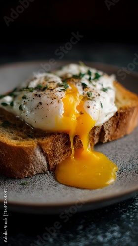 Runny yolk flowing from poached egg on sourdough toast