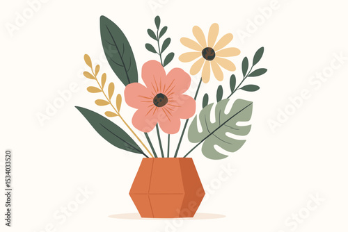 Modern flower bouquet in geometric vase vector illustration. Flat design floral arrangement with monstera leaf. Botanical art for home decor, greeting card, poster or invitation.
