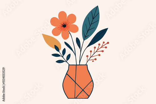 Modern floral bouquet in geometric vase vector illustration. Stylized flowers, leaves, and botanicals in a pot. Flat design composition for greeting card, poster, or decor.