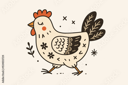 Scandinavian folk art hen illustration. Cute walking chicken in rustic hand-drawn doodle style. Nordic farm animal vector with floral patterns for decorative design projects.