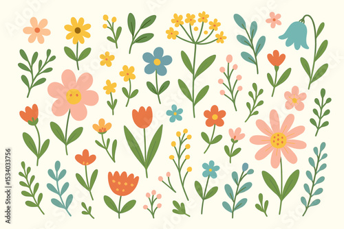 Cute floral doodle set. Collection of hand-drawn spring flowers, leaves and botanical elements. Whimsical nature illustration for kids. Simple flat cartoon garden vector design.