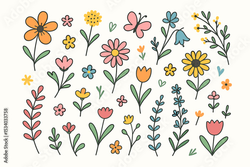 Cute collection of hand-drawn spring flowers and botanical elements. Vector set of doodle floral illustrations including butterfly, leaves, and plants for kids design or decoration.