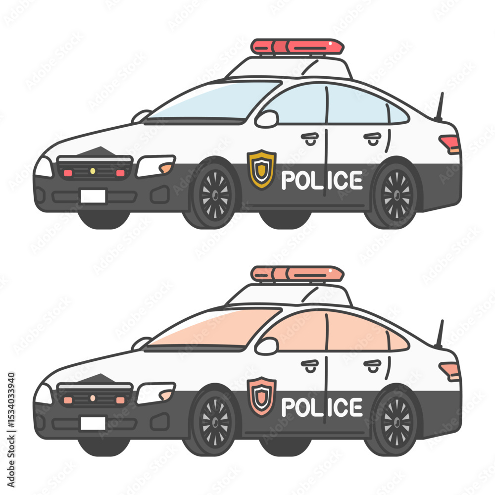 Naklejka premium イラスト素材:交通機動隊のパトカー、日本の警察車両(フルカラー＆モノカラーSET)