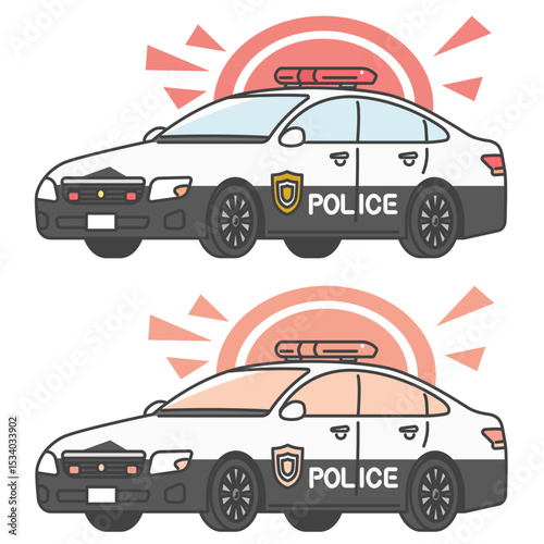 イラスト素材:サイレン、赤色灯で緊急走行中のパトカー、日本の警察車両(フルカラー＆モノカラーSET)