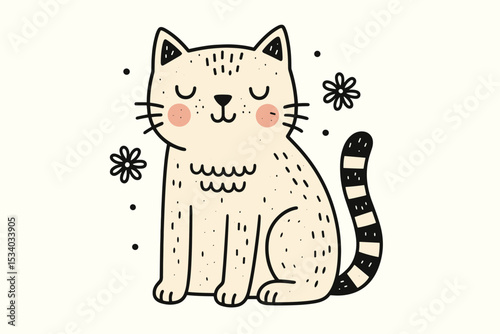 Scandinavian cat doodle vector. Cute hand drawn happy kitty in simple Nordic style. Minimalist animal character illustration for children's design, nursery poster or greeting card.