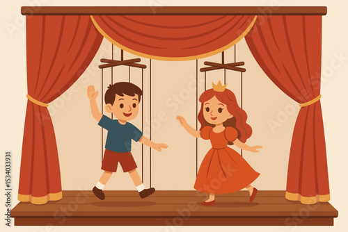 Puppet theater performance with cute marionette dolls. Boy and princess girl characters on a wooden stage with red curtains. Children's entertainment show, play, and storytelling.