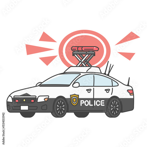 イラスト素材:サイレン、赤色灯で緊急走行中の交通機動隊のパトカー、日本の警察車両