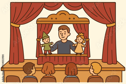 Puppet theater show with a male puppeteer performing on stage for a child audience. Cute cartoon illustration of a live performance with hand puppets, a princess and an elf.