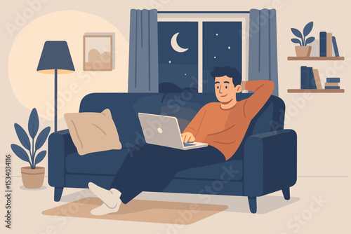 Man relaxing on a sofa with a laptop at night. Cozy home interior scene with a character working or browsing online. Flat vector illustration of a modern lifestyle and remote work concept.