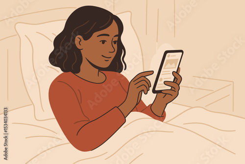 Young woman browsing social media on a smartphone in bed at night. Concept of phone addiction, insomnia, doomscrolling. Modern lifestyle vector illustration of a person before sleep.