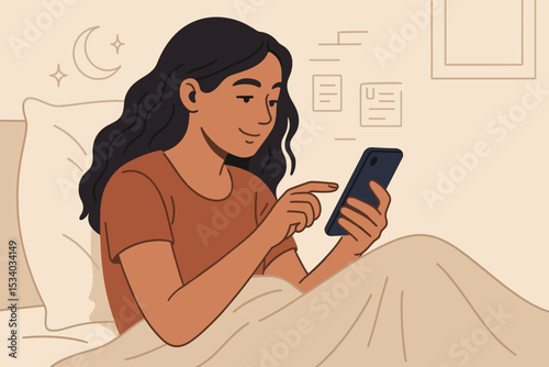 Young woman using smartphone in bed before sleep. Concept of digital addiction, doomscrolling, insomnia, and late night online communication. Modern lifestyle vector illustration.