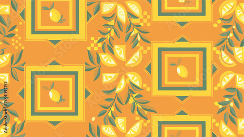 Repeating pattern of lemons in squares and lemon slices with leaves on an orange background design art