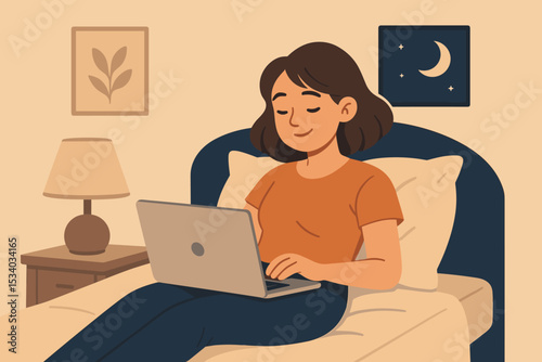 Relaxed woman working on laptop in bed at night. Cozy bedroom interior. Concept of remote work, freelance, online education, student lifestyle, home comfort and digital life.