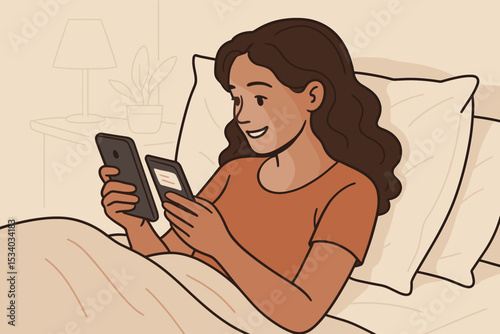 Woman multitasking in bed with two smartphones. Concept of digital distraction, social media addiction, and internet browsing before sleep. Happy girl using mobile phones at night.