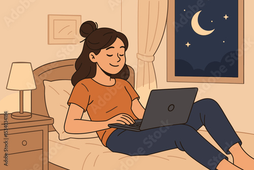 Woman relaxing in bed with a laptop at night. Cozy bedroom scene. Concept for remote work, freelance, studying online, browsing internet or streaming. Vector illustration.