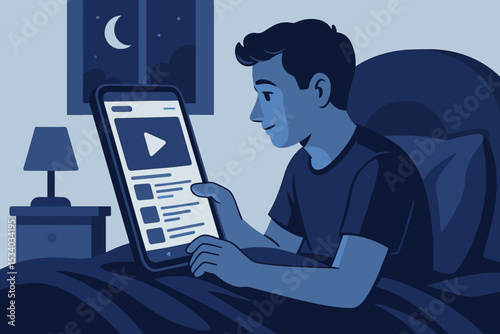 Man watching videos on smartphone in bed at night. Concept of screen time, digital entertainment, mobile technology addiction, insomnia and sleeplessness. Boy browsing online late.