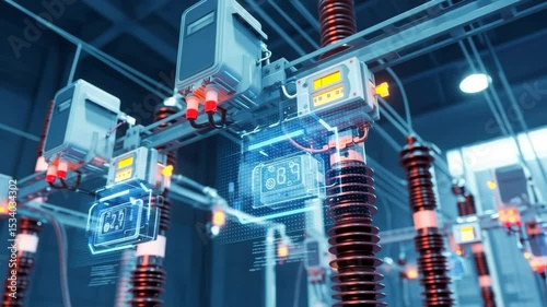 Electrical substation power grid equipment. Digital circuit board hologram. Electric system for city. Modern energy infrastructure technology footage.