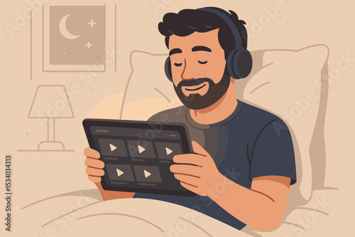 Man watching tablet in bed at night. Home entertainment concept. Person with headphones streaming media. Binge watching movie or series. Relaxing lifestyle, cozy evening at home.