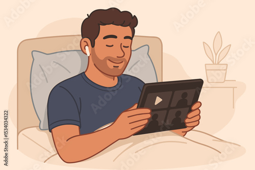 Man relaxing in bed watching a movie on a tablet computer. Concept of home entertainment, online streaming service, leisure and relaxation at night. Digital lifestyle vector.