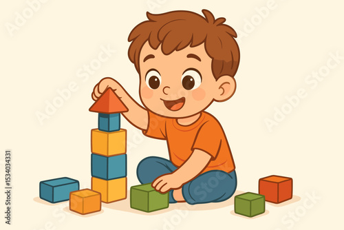 Cute cartoon boy playing with colorful wooden blocks. Happy preschooler child building a tower. Concept for early education, motor skills development, creative play, and learning.