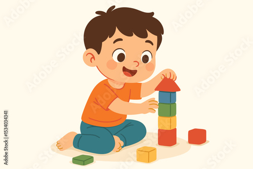 Cute cartoon boy building a tower from colorful wooden blocks. Child development concept for kindergarten or preschool. Learning, creativity, fine motor skills, and play activity.