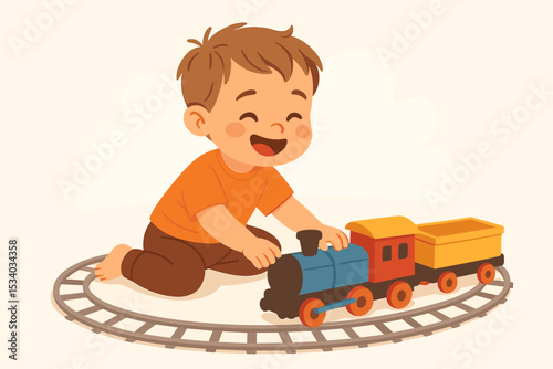 Cute cartoon toddler boy playing with a colorful toy train set on the floor. Happy little child enjoying a game with a locomotive on a railway track. Childhood imagination concept.
