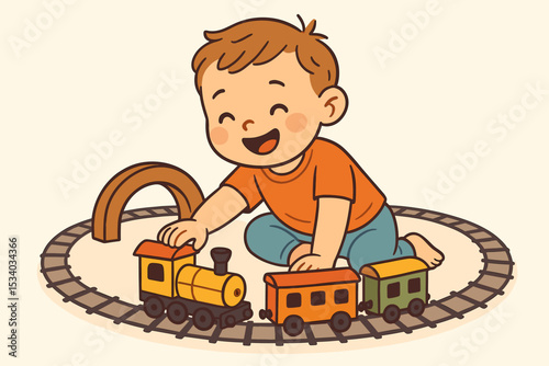 Cute cartoon toddler boy playing with a wooden toy train. Happy child with locomotive on railway. Childhood playtime, kindergarten vector illustration. Educational game concept.