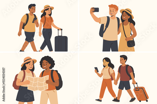 Travel and tourism concept with diverse couples. Set of young people on vacation adventure. Tourists walking with luggage, using map, taking selfie with phone. Flat vector illustration.