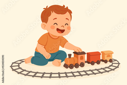Cute toddler boy playing with a wooden toy train set on a railway track. Happy smiling child enjoying playtime. Childhood development, imagination, and learning vector concept.